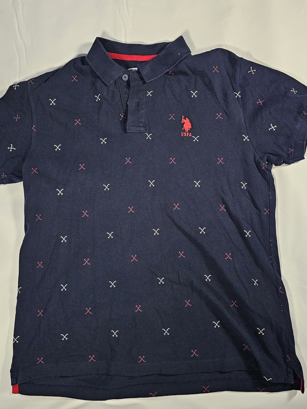 U.S. Polo Assn Polo Shirt Mens XXL Navy Blue All Over Print Logo Short Sleeve